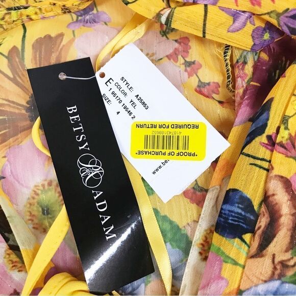 BETSEY & ADAM Yellow Floral Faux Wrap Mini Dress Long Sleeve Cocktail Size 4 New - Picture 7 of 14
